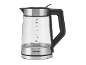 SilverCrest glazen en roestvrijstalen waterkoker, met zwart handvat en volumemarkeringen.