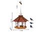 Hangend houten vogelhuisje met rood dak, afmetingen aangegeven.