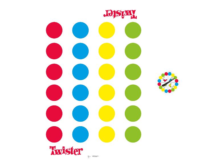 Twister spel met kleurrijke stippenmat en draaiwiel.