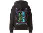 Zwarte kinderhoodie met een kleurrijke videogame-print op de achterkant.