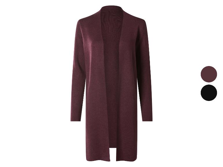 Lange bordeauxrode damesvest, met bordeauxrode en zwarte kleurstalen.