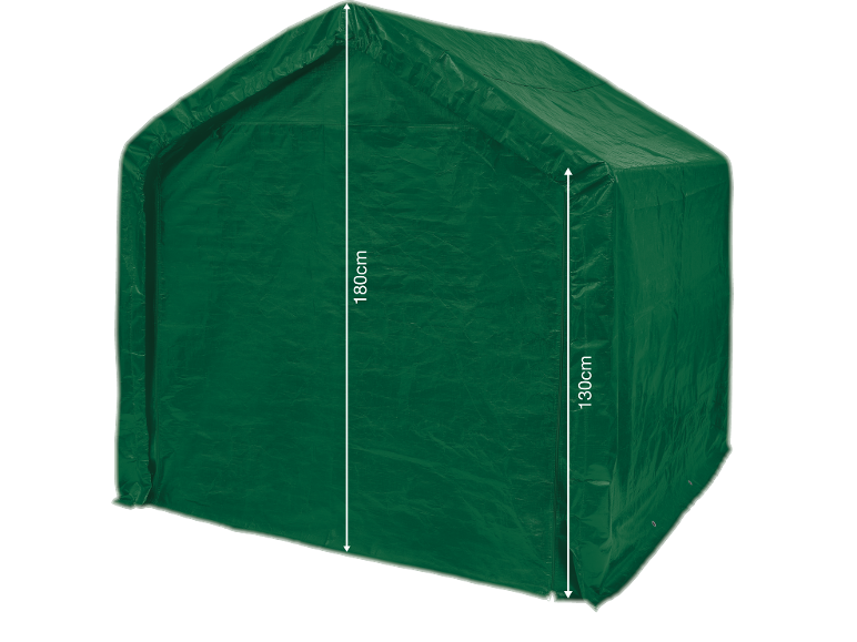 Groene opbergtent van 180 cm hoog en 130 cm zijhoogte.