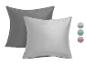 Twee decoratieve kussens in grijs en lichtgrijs, met een kleurenpalet aan de rechterkant.