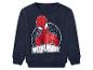 Donkerblauwe kindertrui met Spiderman-print en de tekst 'WEBBER WONDER'.