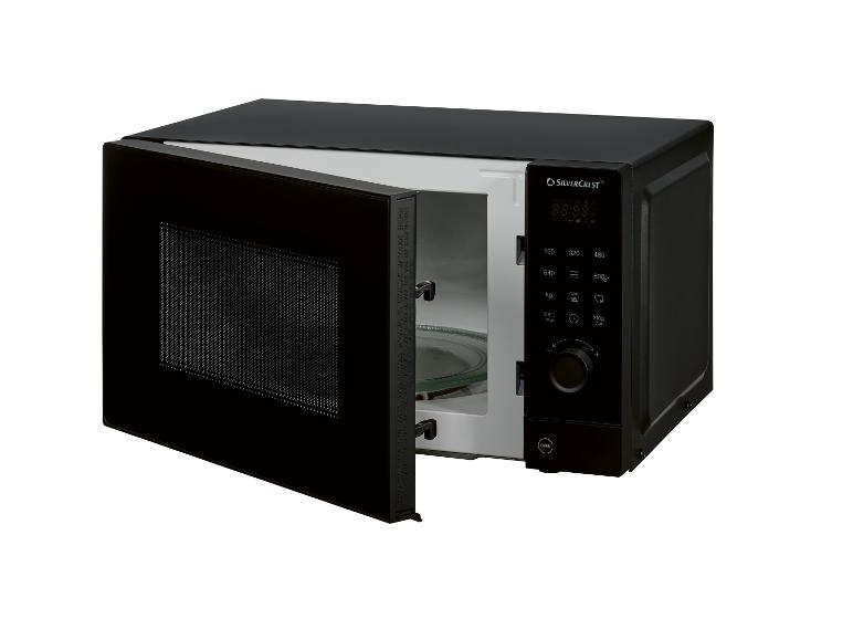 Zwarte magnetron met open deur, bedieningspaneel en digitaal display.