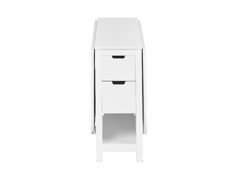 Witte opklapbare keukentafel met lades en plank, vooraanzicht.