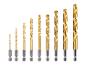 Een set gouden boorbitsen in diverse maten met zeskantige schachten, van 2,0 tot 10,0.