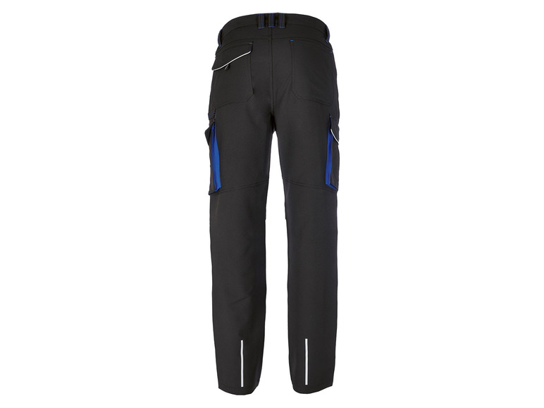 Zwarte werkbroek met blauwe accenten.