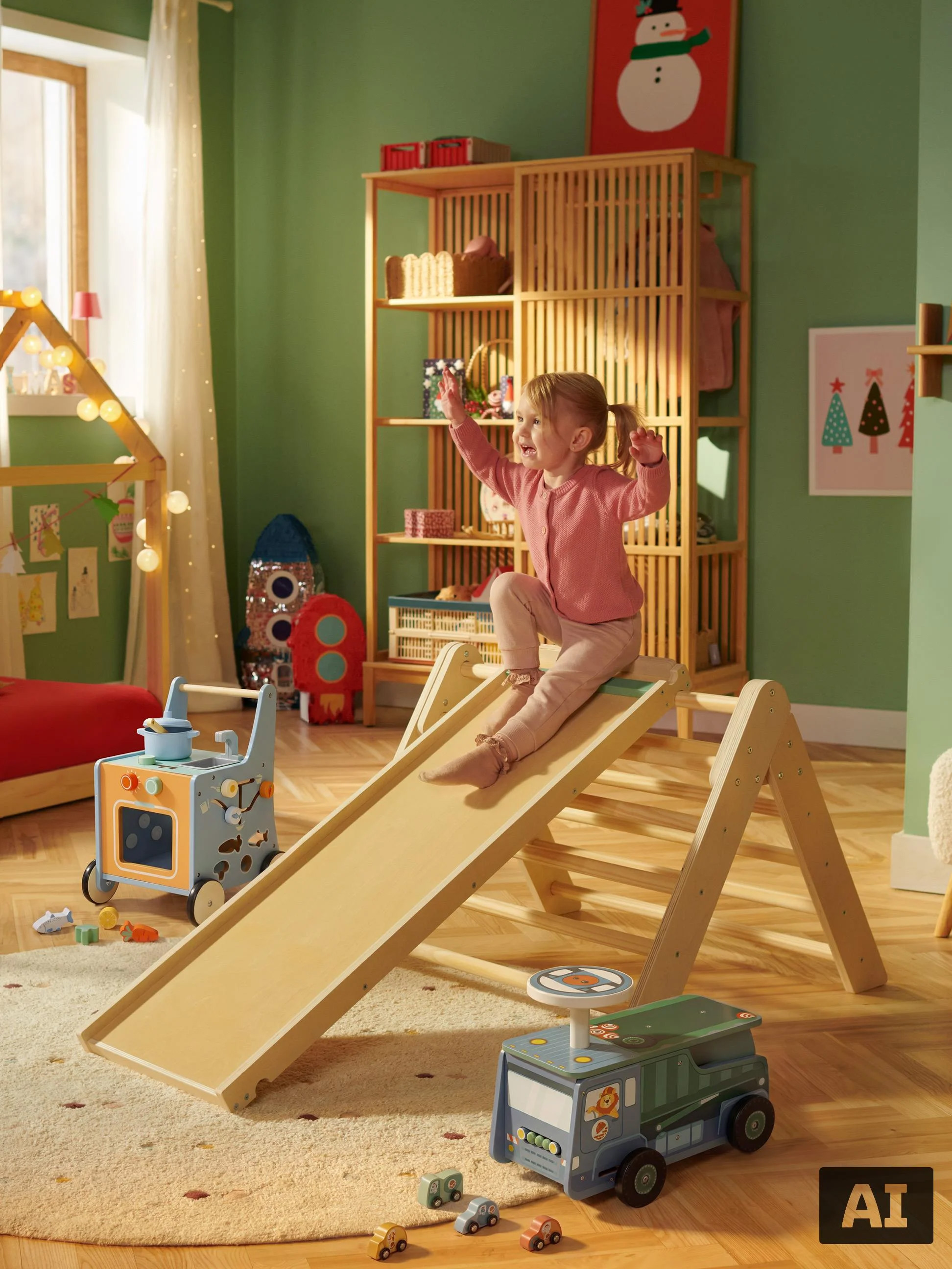 Peuter speelt op een houten klimdriehoek met glijbaan in een gezellige speelkamer.