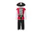 Kinderpiratenkostuum met rood vest, gestreept T-shirt, zwarte broek en hoed met doodshoofd.