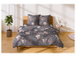 Een bed met grijs beddengoed met een roze bloemenprint