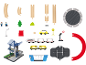 Houten treinspeelgoedset met rails, voertuigen, figuren en accessoires.