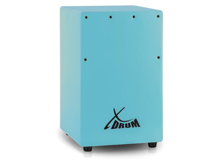 Turquoise X-DRUM cajon met zwarte schroeven en rubberen voetjes.
