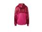 Rode en fuchsia kinderhoodie met marmerpatroon en reflecterende details.