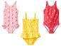 Drie kinderzwempakken: roze met kersen, geel met ruches en rood met aardbeien.