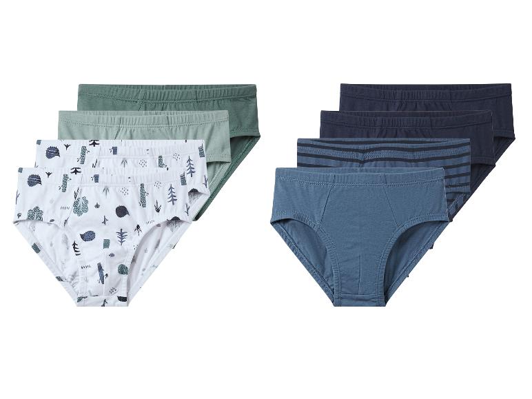 Set kinderonderbroeken met dieren- en boompatronen, in groene, blauwe en witte kleuren.