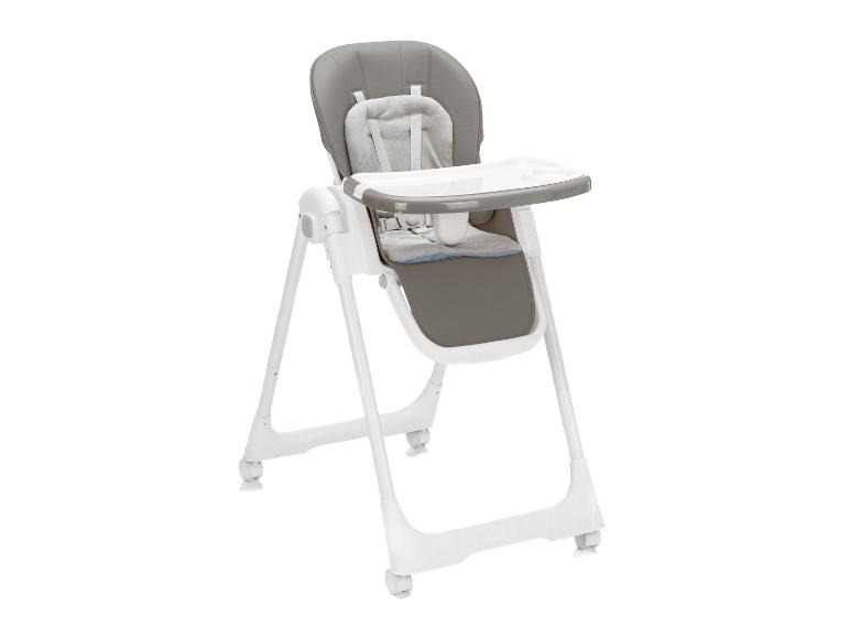 Grijze en witte kinderstoel met dienblad en wielen
