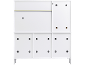Witte achterwand voor kast met kabelgaten.