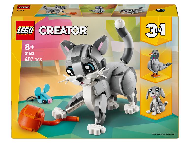 LEGO Creator 3-in-1 set met een kat, muis, vogel en hond.