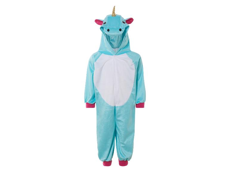 Een lichtblauw onesie met eenhoorn-print voor kinderen.