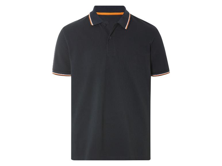 Donkerblauw poloshirt met oranje en witte bies.