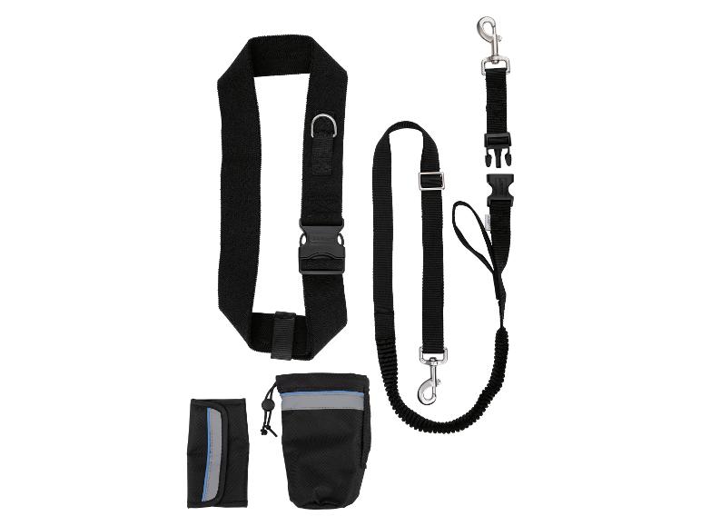 Zwarte hondenset met riem, heupband en twee accessoiretassen.