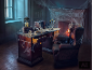 Halloween-thema studeerkamer met bureau, stoel, open haard en griezelige decoraties zoals schedels en spinnenwebben.