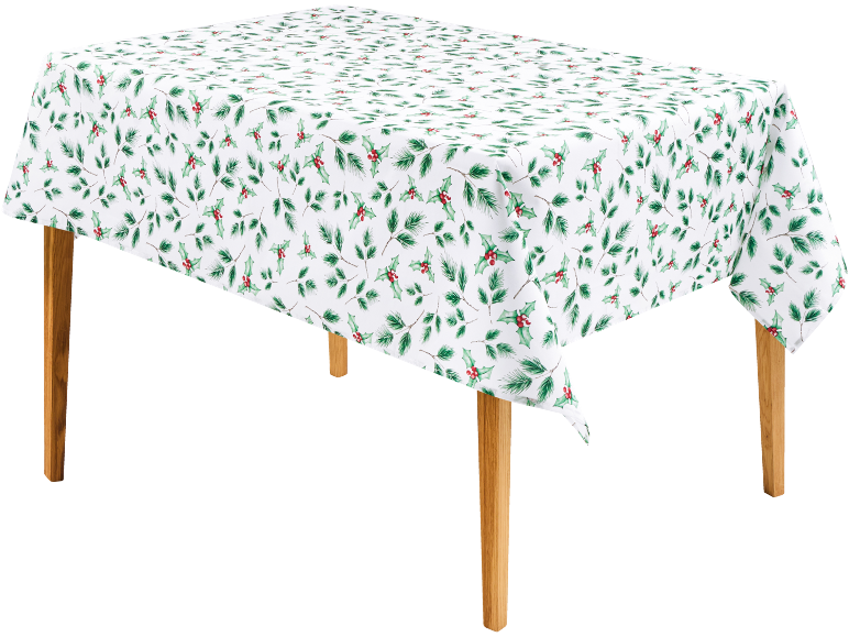 Kersttafelkleed met hulst- en dennentakkenpatroon op een witte achtergrond.