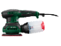 Groene multifunctionele schuurmachine met zwarte accenten en stofopvangbak.