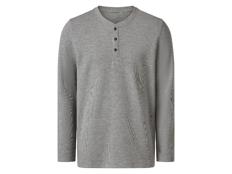 Een grijs henley shirt met lange mouwen.