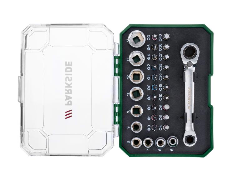 Dopsleutel- en bitset met ratel, met transparante koffer.