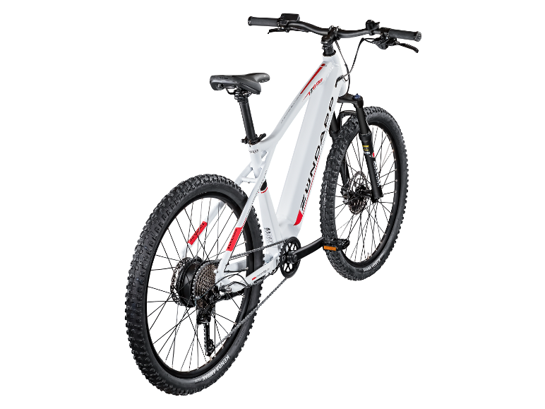 Een witte Zündapp elektrische mountainbike wordt van achteren getoond.