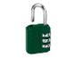 Open groen combinatieslot met metalen beugel.
