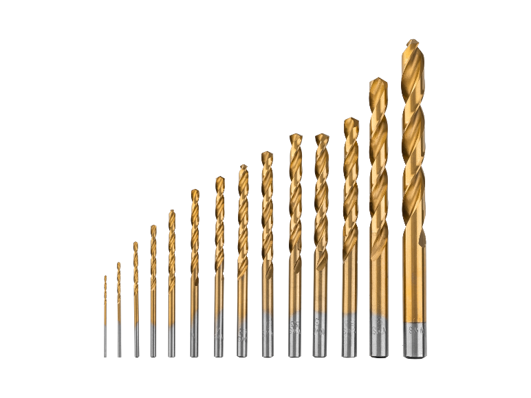 Set gouden boorbits, gesorteerd op maat.