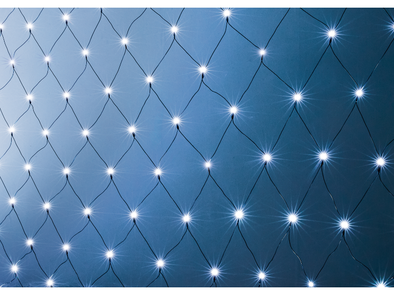 Blauwe lichtslinger met glimmende LED-lampjes die een ruitpatroon vormen.