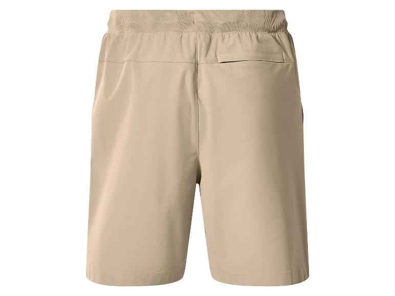 Heren beige shorts met elastische tailleband en achterzak, achteraanzicht.