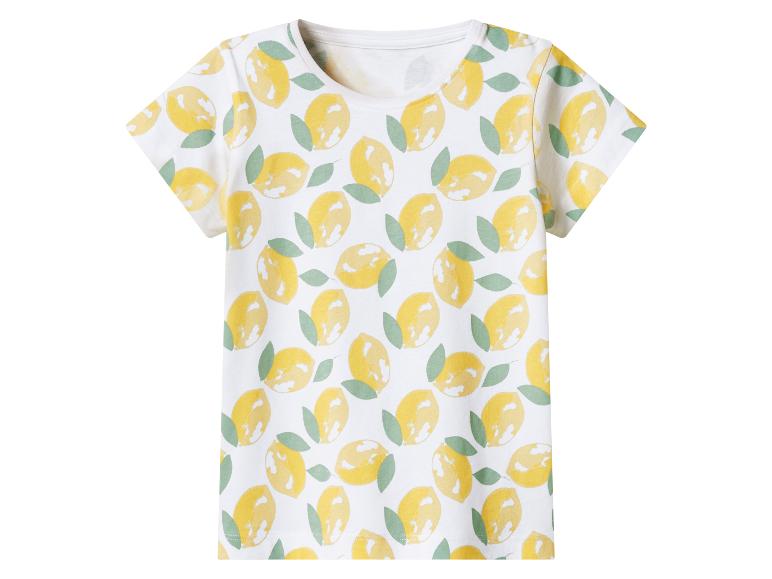 Wit T-shirt met korte mouwen en citroen- en bladpatroon.