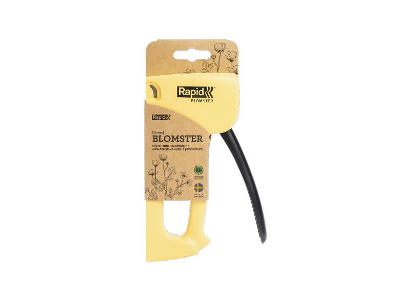 LIVARNO® R53 handtacker SoS, geel, met Rapid Blomster-merk en 90% gerecycled plastic label.