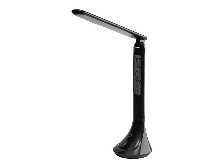 Zwarte bureaulamp met ingebouwde klok en thermometer.