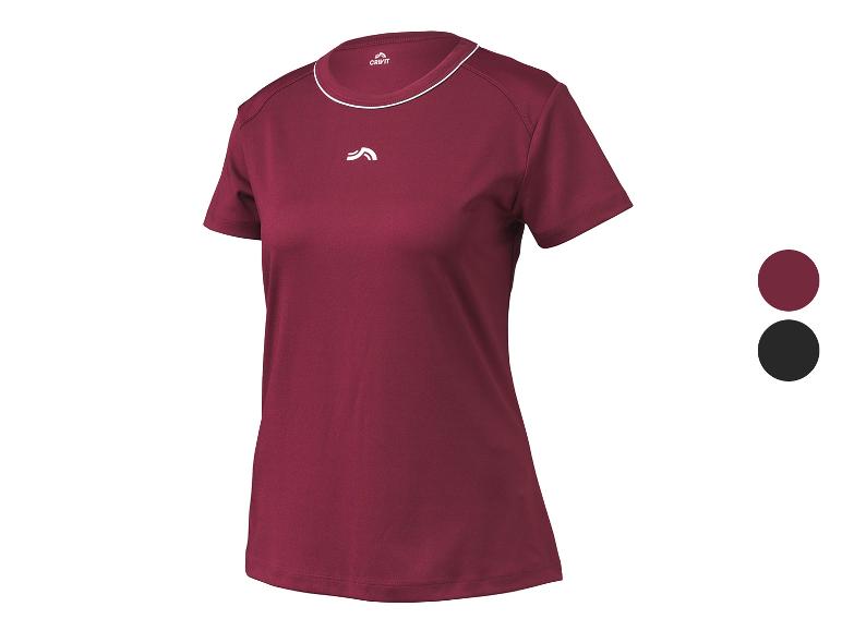 Bordeauxrood sport-T-shirt met korte mouwen en witte details, met twee kleurcirkels ernaast.