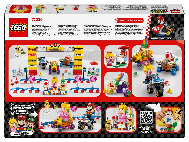 Doos van een LEGO Mario Kart set met personages en voertuigen, plus een racebaan.