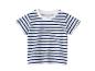 Baby T-shirt met korte mouwen in wit-blauwe strepen met knoopjes op de schouder.