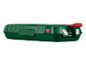 Groene draagbare powerbank met rode knop en USB-C- en USB-A-poorten.
