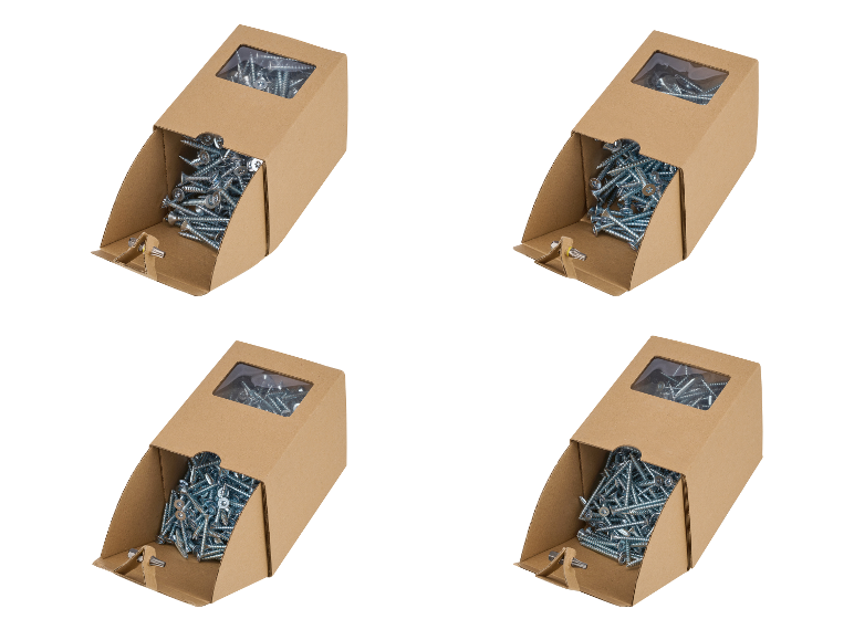 Vier kartonnen dozen vol metalen schroeven.