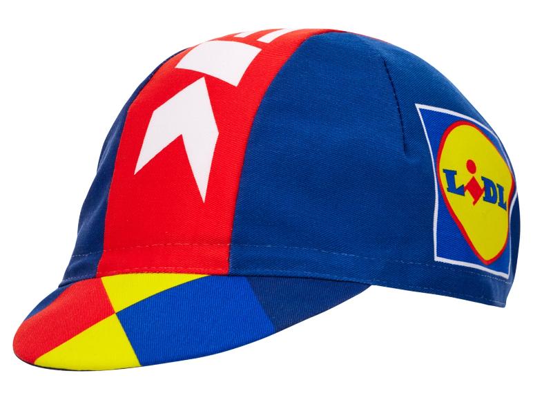 Lidl fietsmuts: rood, blauw, geel.