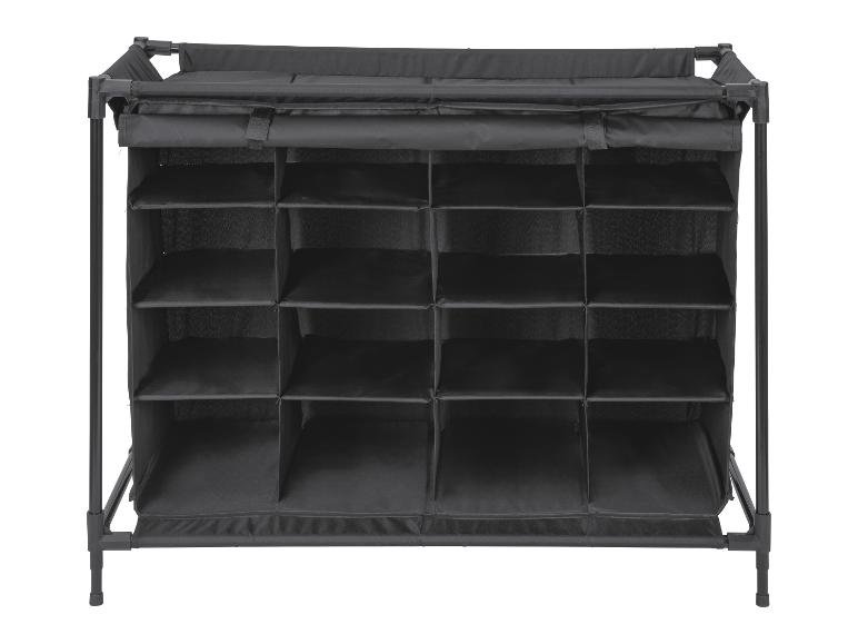 Zwart, opvouwbaar stoffen rek met meerdere opbergvakken.
