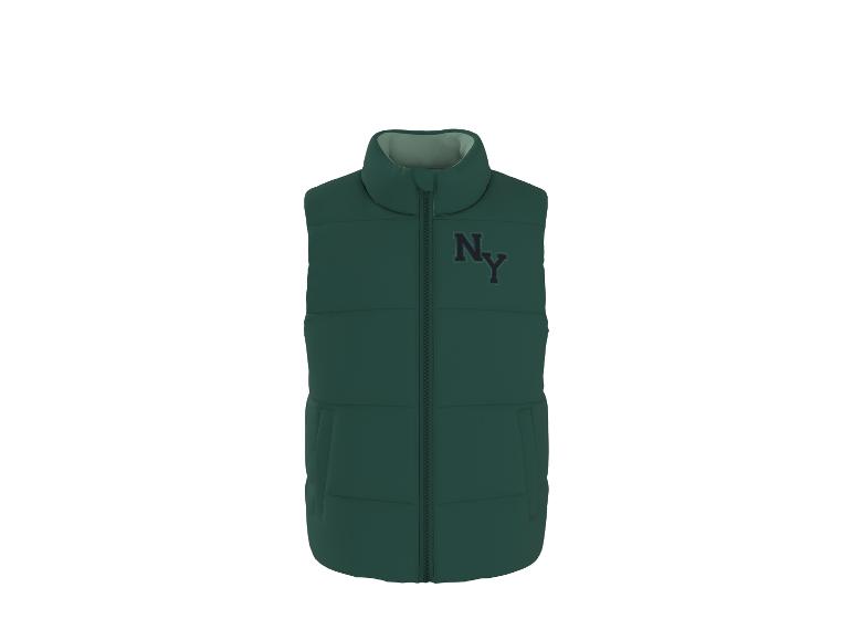 Groen gewatteerd vest met 'NY'-logo op de borst.