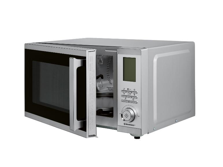 Zilveren SilverCrest magnetron met open deur en bedieningspaneel.