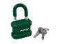 Open groen hangslot met twee sleutels aan een ring