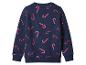 Donkerblauwe sweater met rode en roze zuurstokkenprint